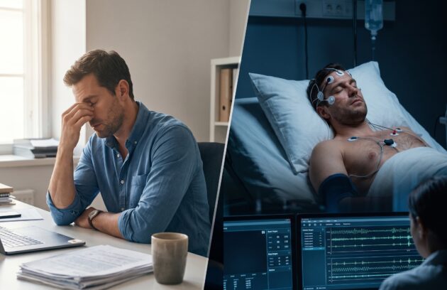 Patient undergoing overnight biometric sleep monitoring with EEG electrodes to diagnose chronic daytime fatigue causes.