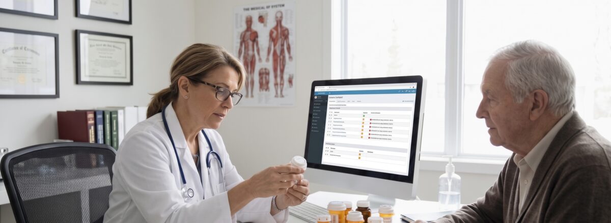 Female internal medicine doctor reviewing prescription medication bottles with an elderly patient during a clinic consultation.