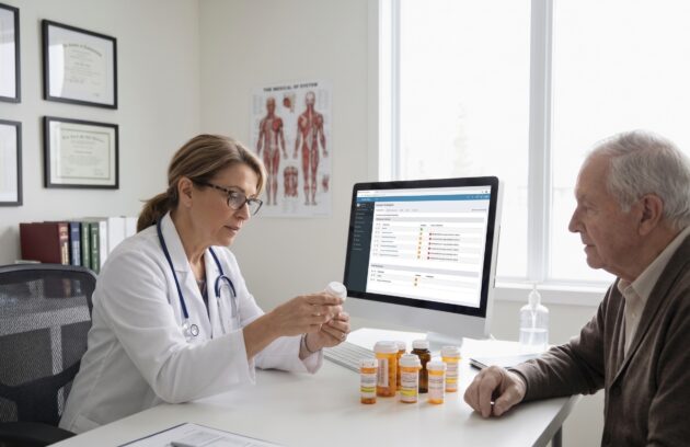 Female internal medicine doctor reviewing prescription medication bottles with an elderly patient during a clinic consultation.