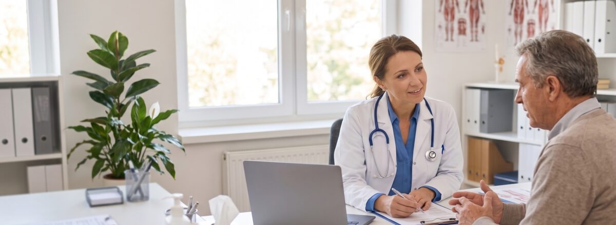 Internal medicine doctor reviewing symptoms and treatment plans with a patient in a consultation room