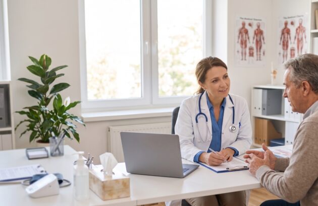 Internal medicine doctor reviewing symptoms and treatment plans with a patient in a consultation room
