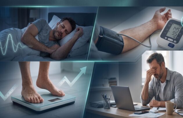 Key risk factors and symptoms of obstructive sleep apnea: disrupted sleep, hypertension, weight gain, and daytime brain fog.