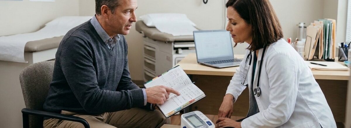 Doctor discussing a personal health record with an adult patient during a primary care appointment.