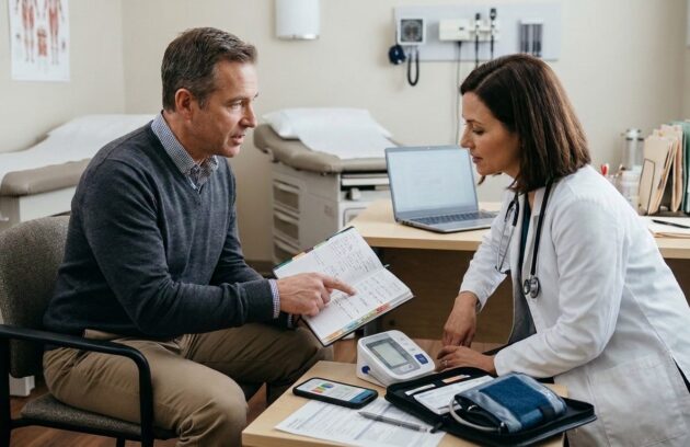 Doctor discussing a personal health record with an adult patient during a primary care appointment.