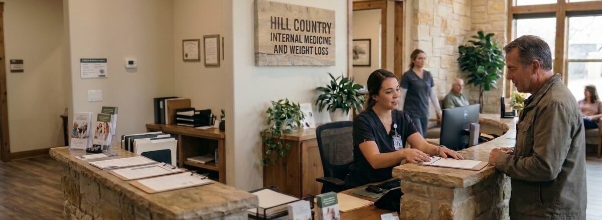Primary care visit cost in Gruene, with an adult patient checking in at a healthcare clinic.