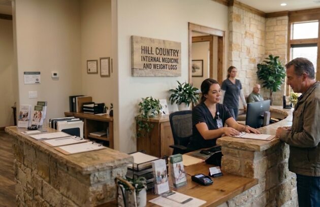 Primary care visit cost in Gruene, with an adult patient checking in at a healthcare clinic.