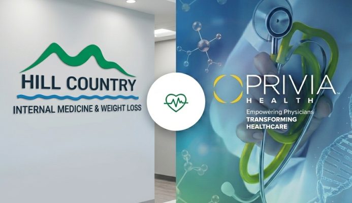 The Hill Country Internal Medicine and Weight Loss sign in the New Braunfels office, shown alongside the Privia Health logo